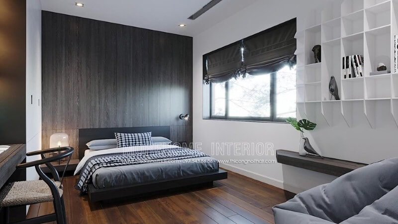 Giường ngủ gỗ sẫm màu tạo vẻ đẹp sang trọng độc đáo cho phòng ngủ hiện đại.