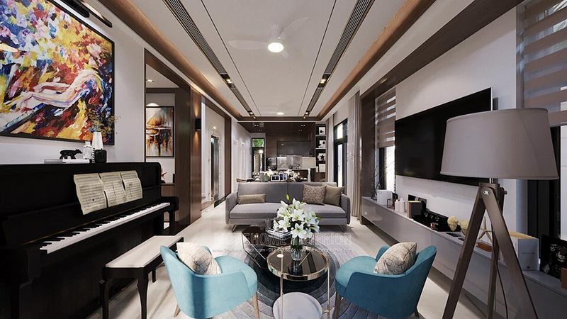 Không gian phòng khách nhà biệt thự sẽ trở nên đẹp hơn khi được trang bị nội thất hiện đại.