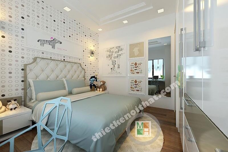Tạo một không gian phòng ngủ cho bé với tone màu trắng xanh sẽ giúp tạo nên một không gian tươi mới và năng động.